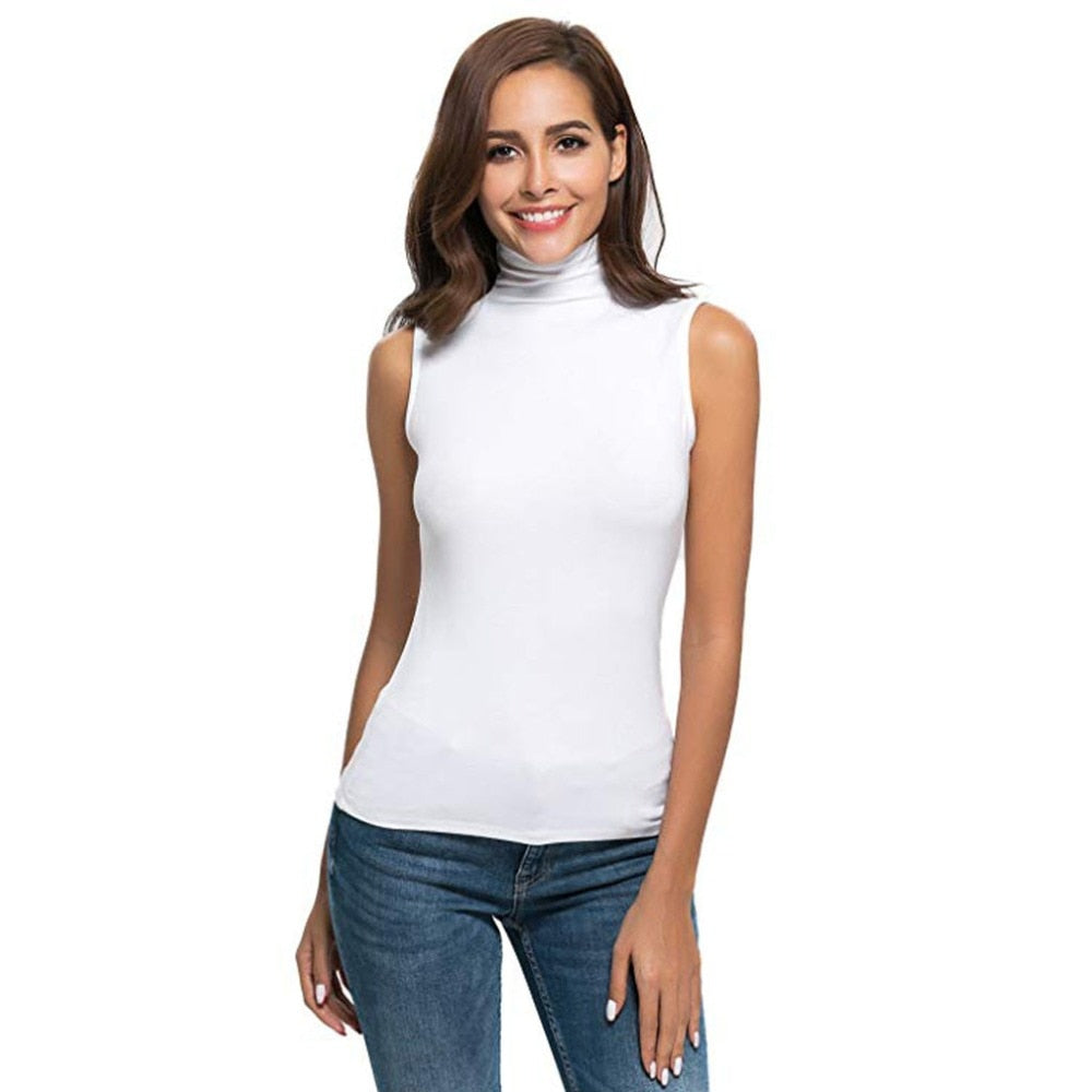 T-Shirt Col Roule Femme Sans Manches Blanc