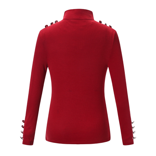 Pull Col Montant Bouton Femme Rouge
