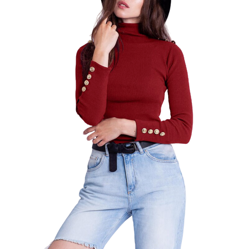 Pull Col Montant Boutons Femme Rouge